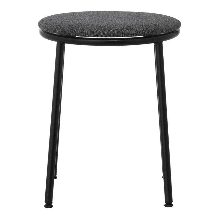 Round black stool with a gray upholstered seat and sleek black metal legs. Modern, minimalist design.