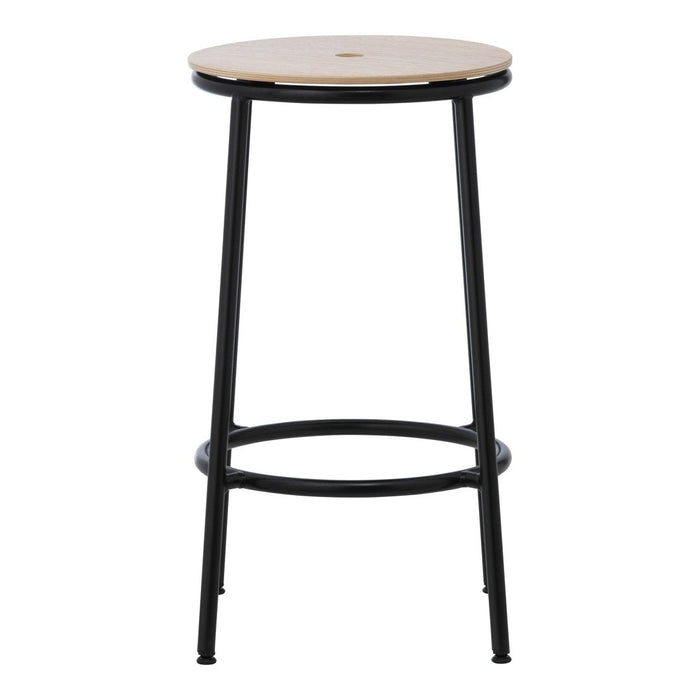 Natural wood and black metal bar stool with a sleek, minimalist design and round top. Perfect for modern decor.