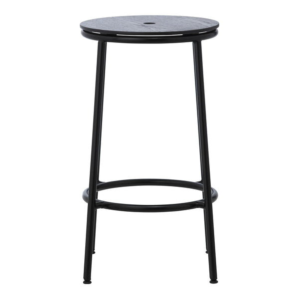 Black metal bar stool with a round seat and simple, sleek design. Ideal for modern decor.