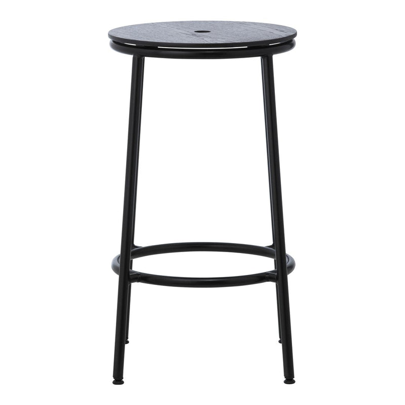 Black metal bar stool with a round seat and simple, sleek design. Ideal for modern decor.