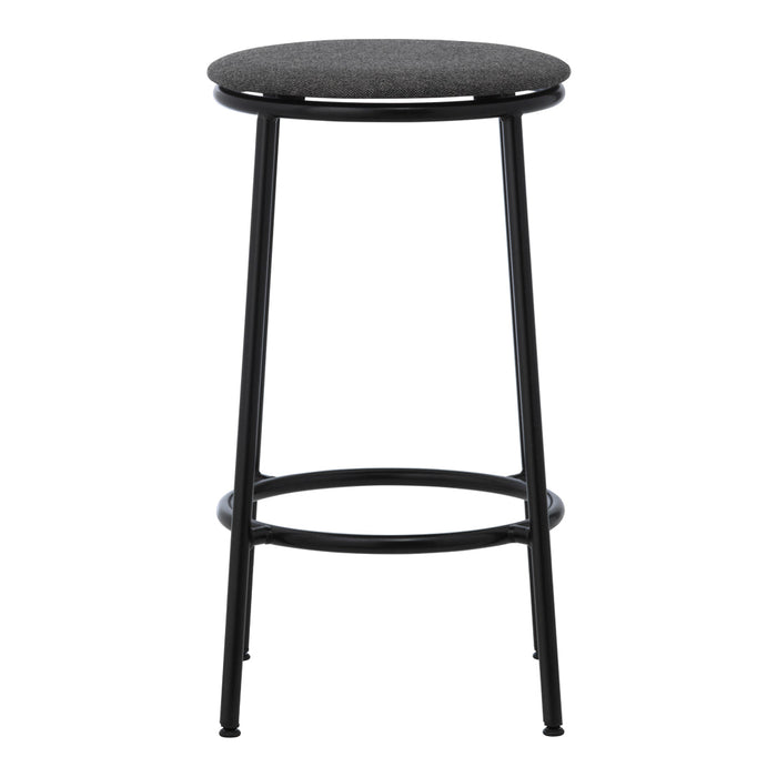 Black metal bar stool with a round, dark gray upholstered seat. Simple, modern design with a minimalist aesthetic.