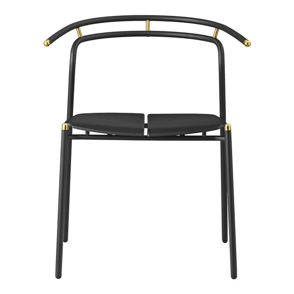 Black chair with gold accents and a sleek, minimalist design. Modern and elegant aesthetic.
