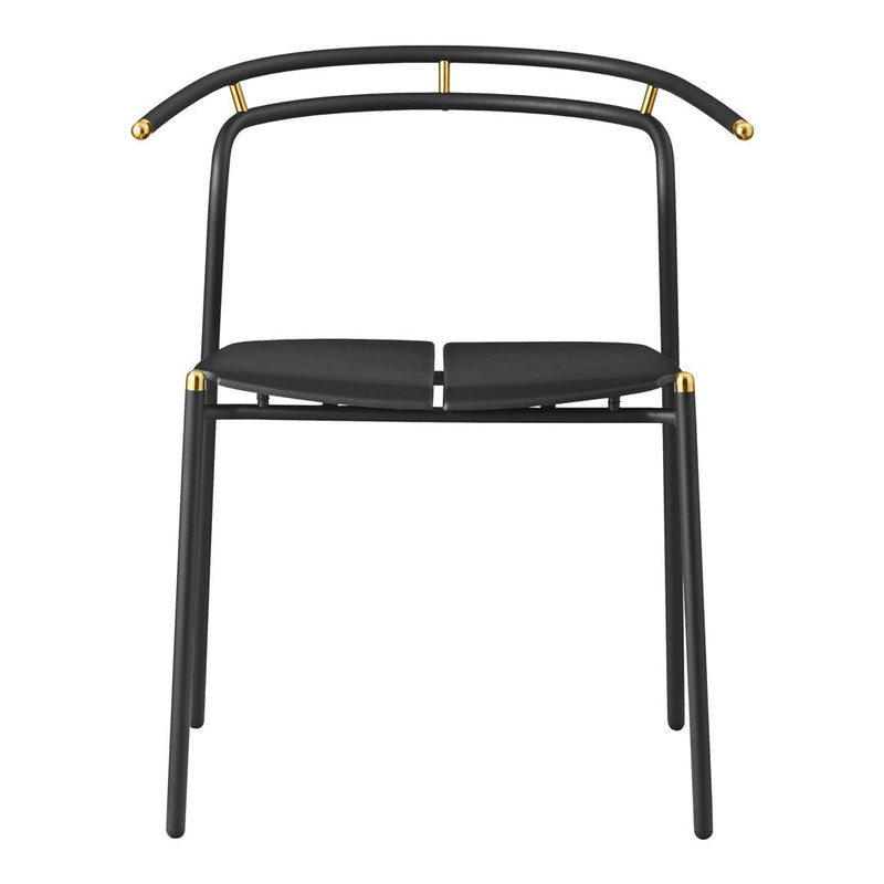 Black chair with gold accents and a sleek, minimalist design. Modern and elegant aesthetic.