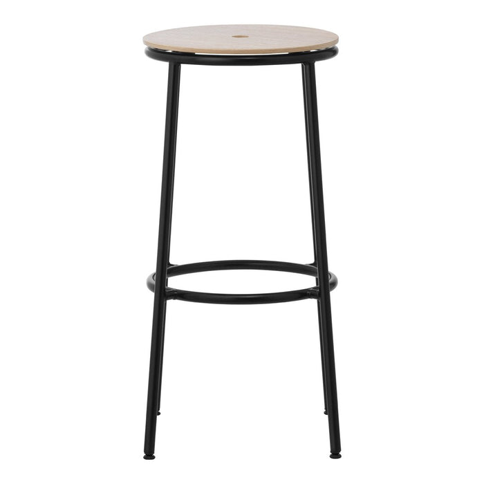 Black metal bar stool with natural wood seat, minimalist design, perfect for modern spaces.