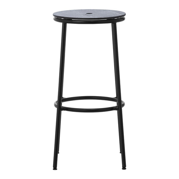 Black metal bar stool with a round top and simple, sleek design. Ideal for modern and minimalist decor.