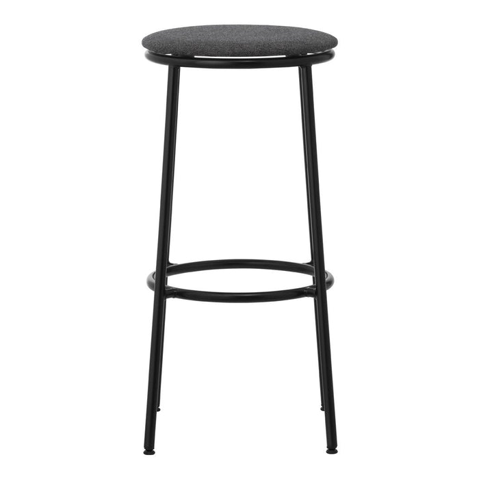 Grey fabric seat stool with a sleek black metal frame, perfect for modern decor. Simple, stylish, and minimalistic design.