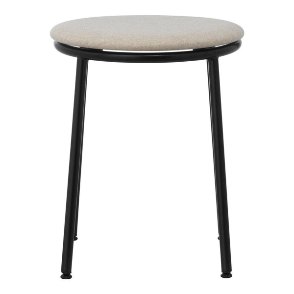 Cream upholstered round stool with a sleek black metal frame, perfect for modern decor.