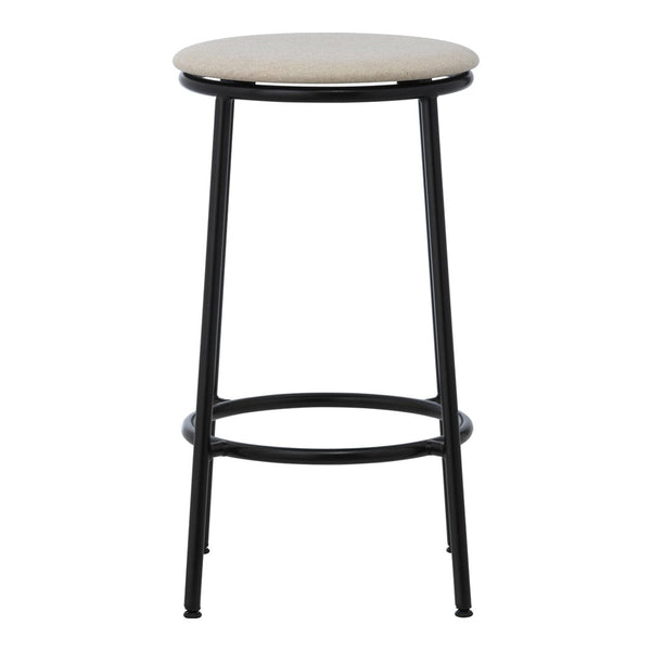 Black metal bar stool with a beige upholstered seat and simple, modern design. Ideal for contemporary decor.