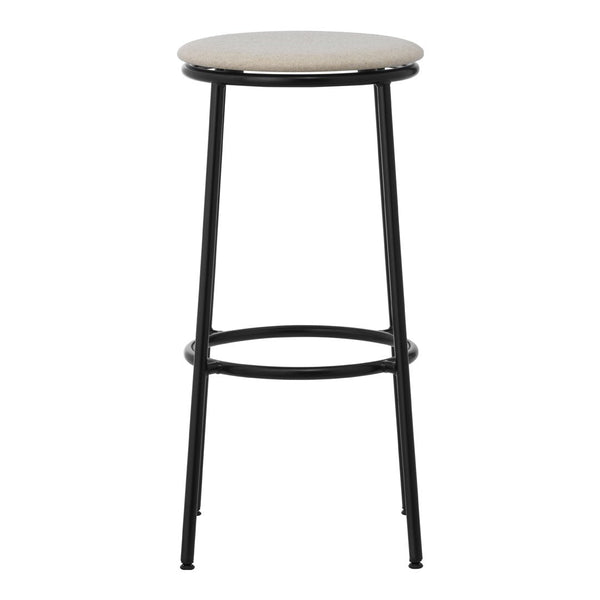 Black metal bar stool with a simple white cushioned seat, featuring a minimalist design and sleek lines.