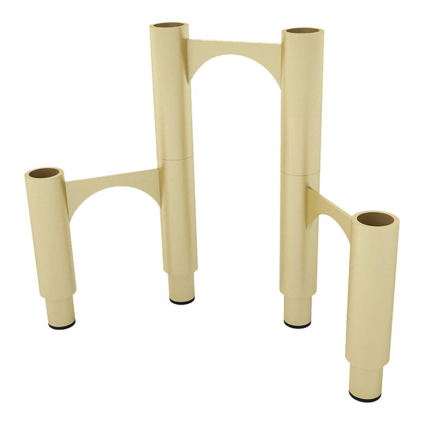 Beige multi-tiered stand with curved cutouts and black accents, featuring a minimalist, modern design.