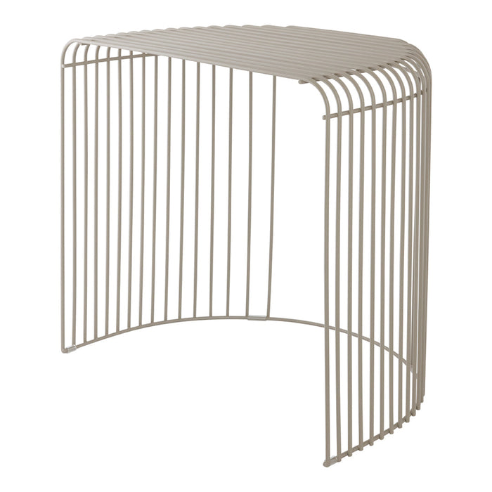 Stylish curved beige metal side table with a sleek vertical line pattern. Perfect for modern decor.