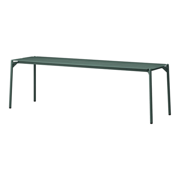 Green modern bench with a sleek design and minimalistic pattern, perfect for contemporary outdoor spaces.