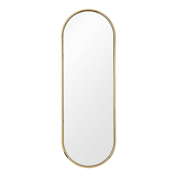 Gold-framed oval mirror with a sleek, minimalist design and reflective surface, perfect for modern decor.