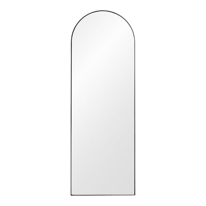 Arched tall mirror with a sleek black frame and pristine reflective surface, showcasing minimalist design.