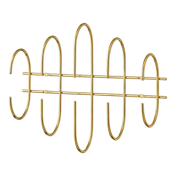 Gold metal wall hook with modern, curved oval patterns for stylish home organization. Perfect for entryways or décor.