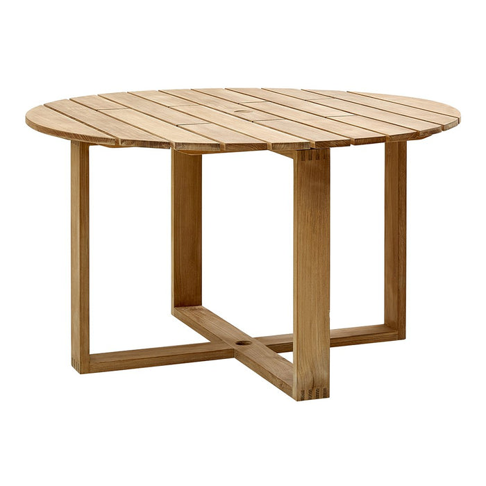 Round wooden table with a natural wood finish and slatted surface, featuring a minimalist design and light brown color.