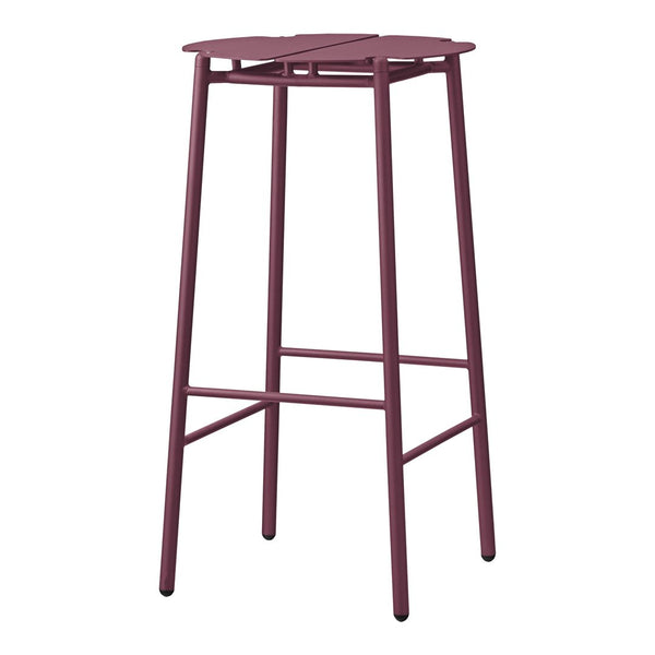 Tall maroon bar stool with slatted top and sleek metal frame, perfect for modern decor.
