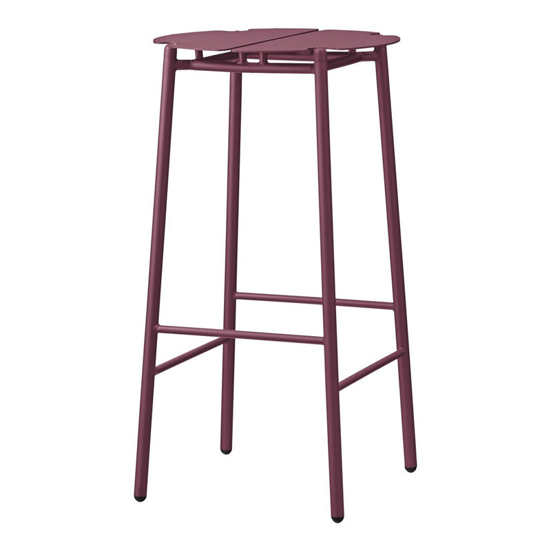 Tall maroon bar stool with slatted top and sleek metal frame, perfect for modern decor.
