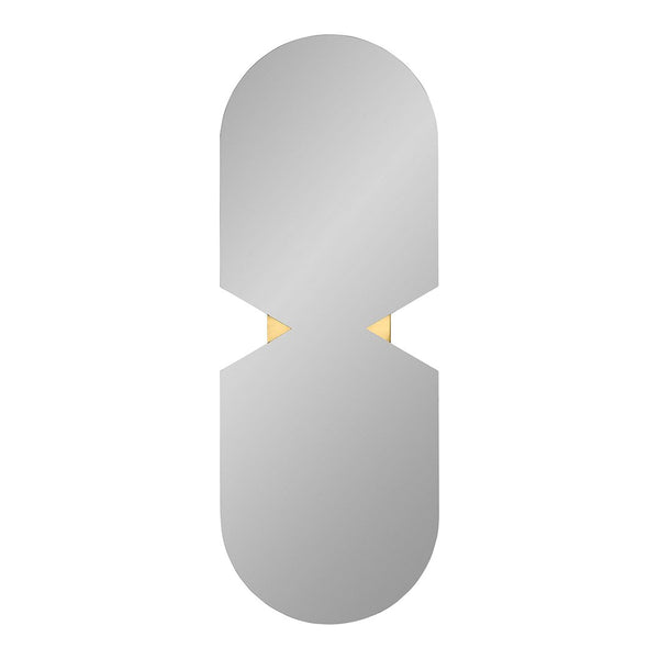 Sleek silver oval mirror with a modern design and subtle gold accents at the center, showcasing minimalist elegance.