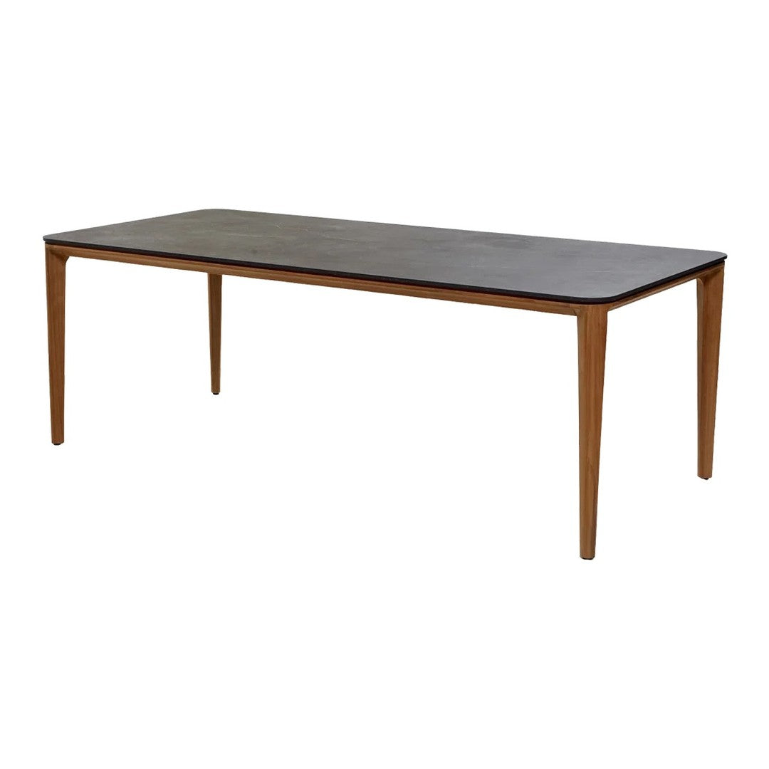 Rectangular brown wooden table with smooth top and tapered legs, featuring a modern, minimalist design.