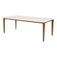 "Rectangular dining table featuring a light cream top and warm wooden legs for a modern and elegant look."