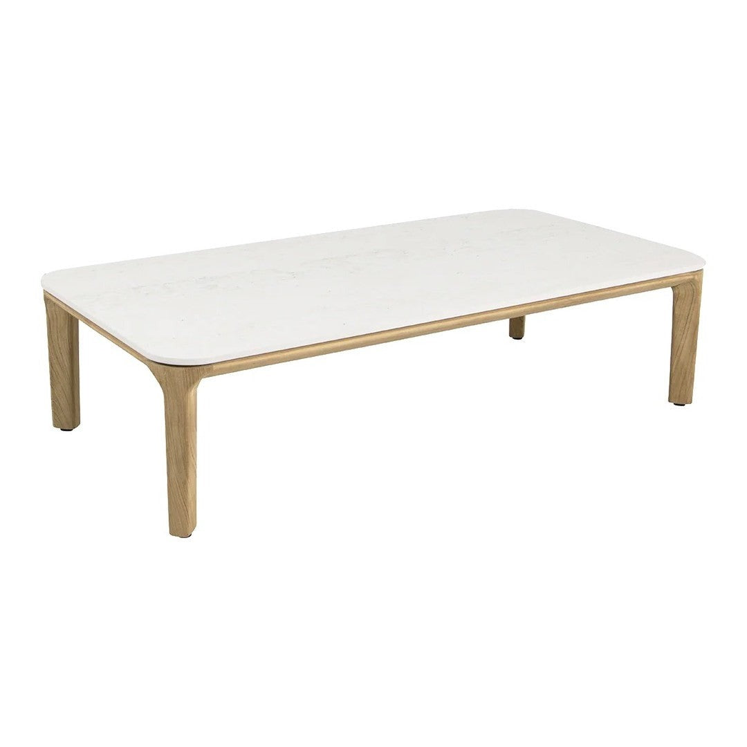White rectangular coffee table with natural wood legs, featuring a smooth, minimalist design.