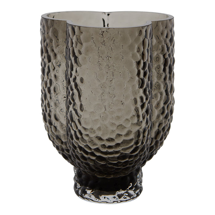 Smoky gray glass vase with a textured honeycomb pattern, perfect for adding a modern touch to any decor.