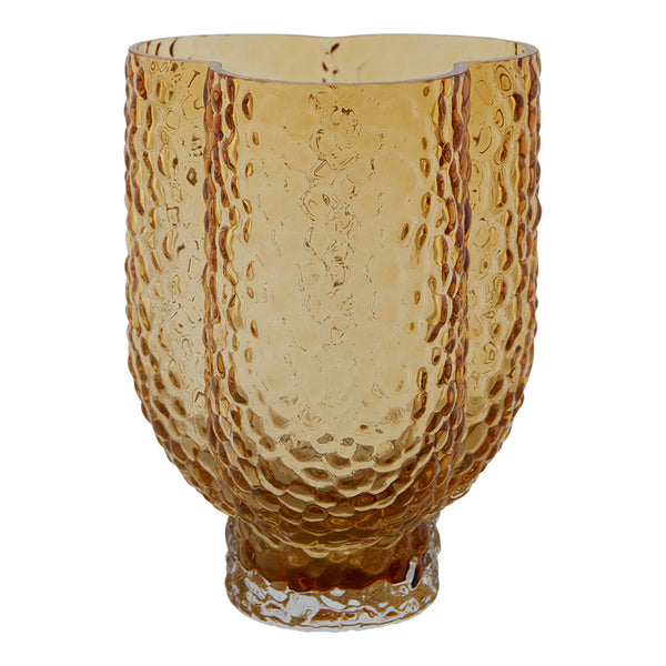 Amber textured glass vase with a wavy, hammered pattern, perfect for adding warmth to any decor.