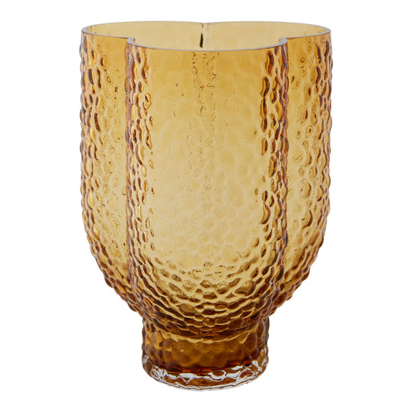 Amber glass vase with a textured, hammered pattern and a wide, flared top. Perfect for adding warmth to any decor.