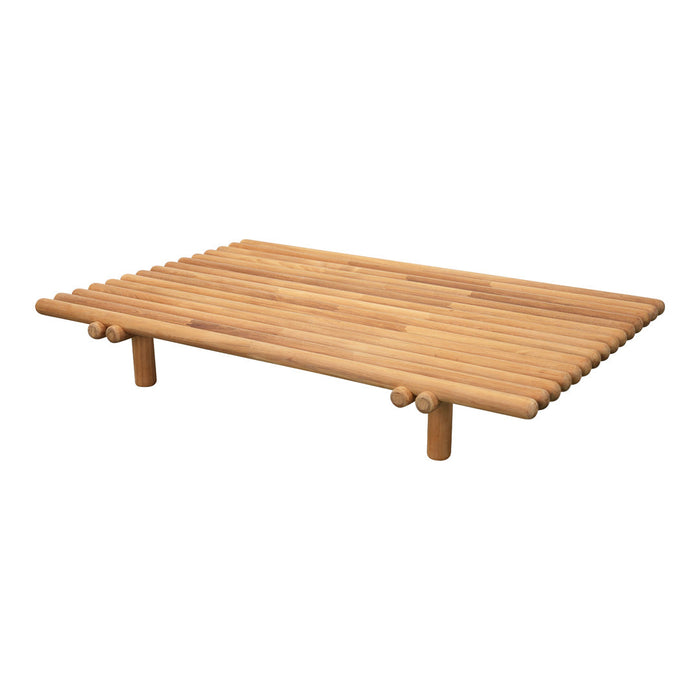 Natural bamboo shelf with smooth, light wooden slats and round tapered legs, showcasing a minimalist design.