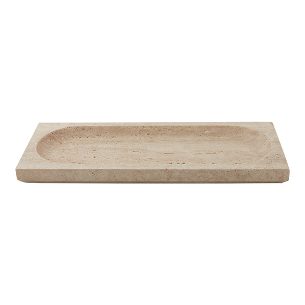 Natural beige stone tray with a smooth surface and rounded edge, showcasing subtle patterns and earthy tones.
