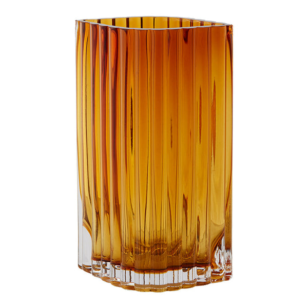 Amber glass vase with vertical ribbed pattern and a sleek rectangular shape, perfect for modern decor.