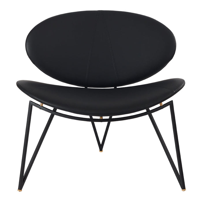 Black leather chair with a sleek, minimalist design and a geometric metal frame featuring gold accents.