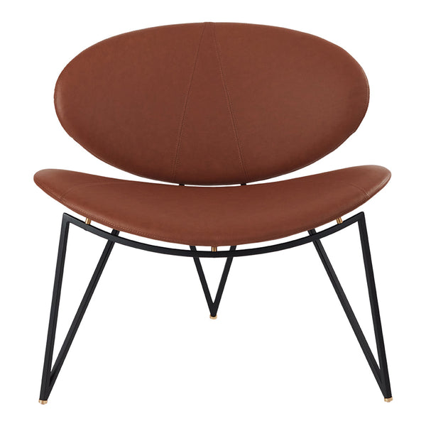Mid-century modern chair in rich brown fabric with sleek black metal legs, featuring a minimalist, smooth design.