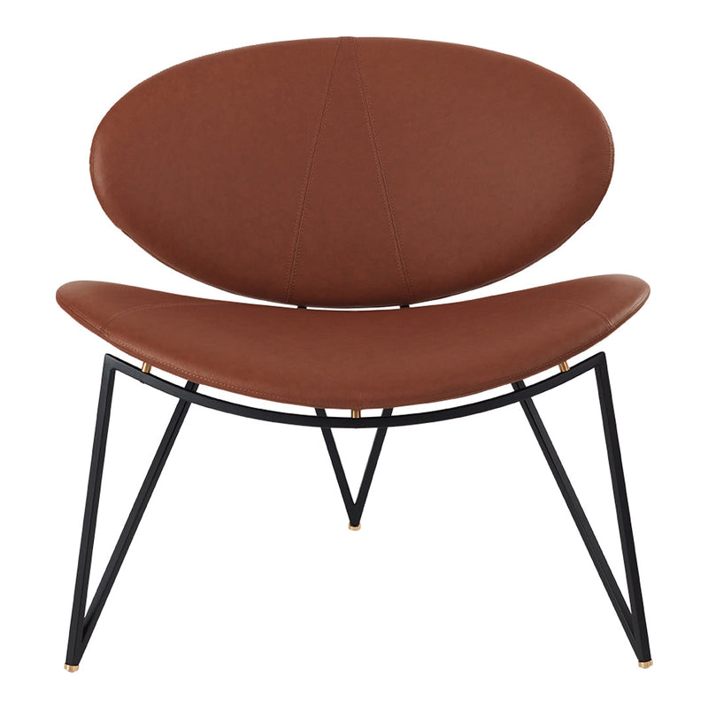 Mid-century modern chair in rich brown fabric with sleek black metal legs, featuring a minimalist, smooth design.
