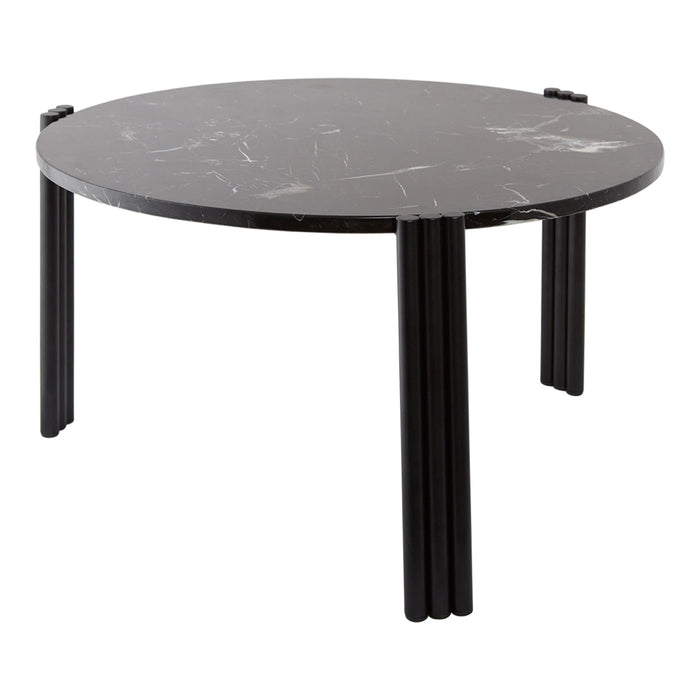 Round black marble coffee table with sleek, modern design and contrasting black legs. Elegant and minimalist style.
