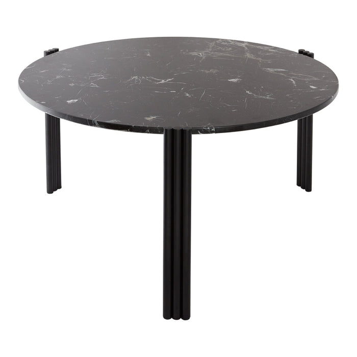 Black round coffee table with a sleek marble pattern and contrasting black legs. Modern minimalist design.