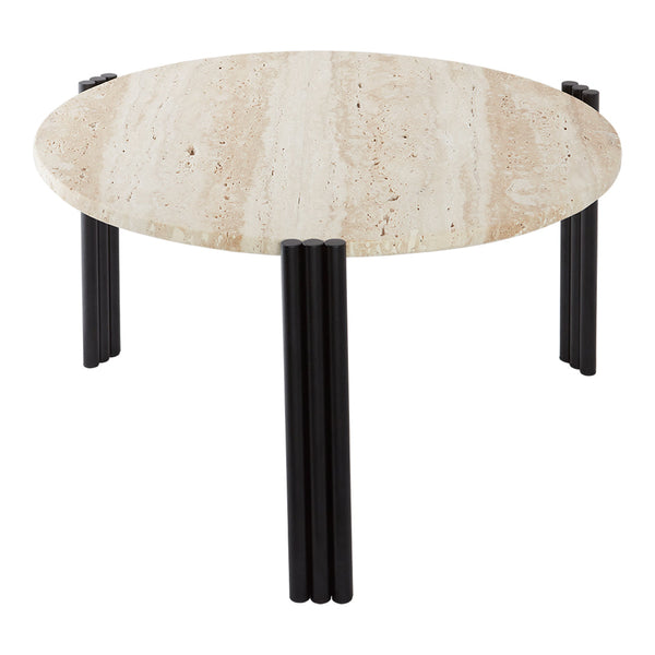 Round coffee table with a light beige speckled top and sleek black legs, featuring a modern minimalistic design.