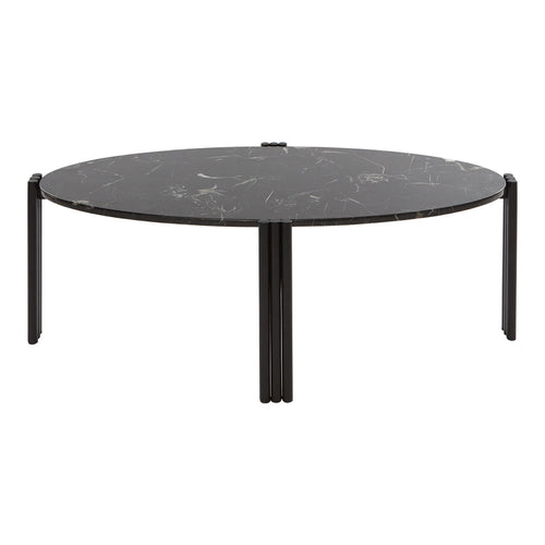 Round black marble coffee table with subtle white veining and sleek black legs, featuring a modern minimalist design.