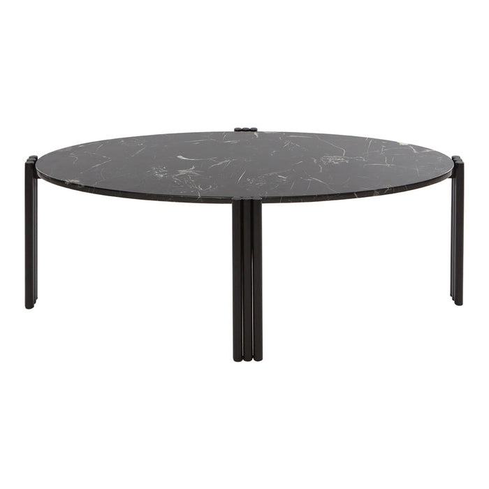 Round black marble coffee table with subtle white veining and sleek black legs, featuring a modern minimalist design.