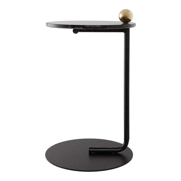 Modern black side table with a glossy round top and a sleek brass accent sphere. Ideal for contemporary decor.