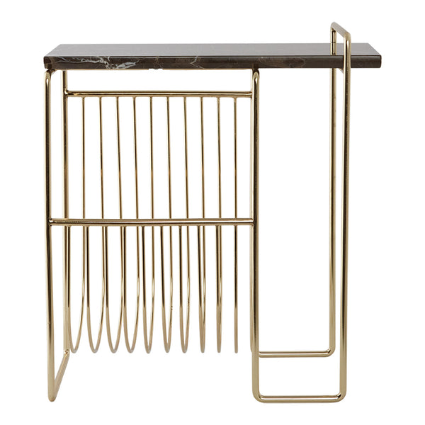Gold metal frame with a black marble top, featuring sleek lines and a modern design. Perfect for contemporary decor.