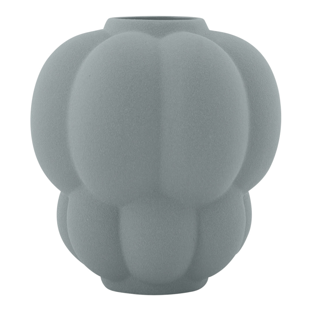 Light gray textured vase with a unique rounded, sculptural design, perfect for modern decor.