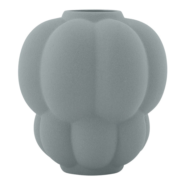 Light gray textured vase with a unique rounded, sculptural design, perfect for modern decor.