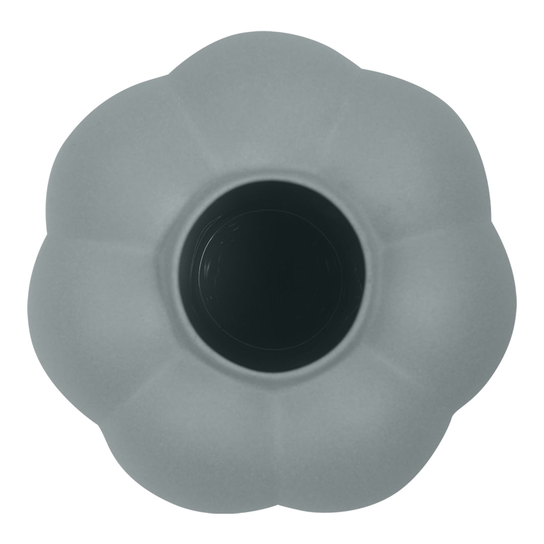 Gray flower-shaped planter with a smooth finish and a black interior for a modern touch.
