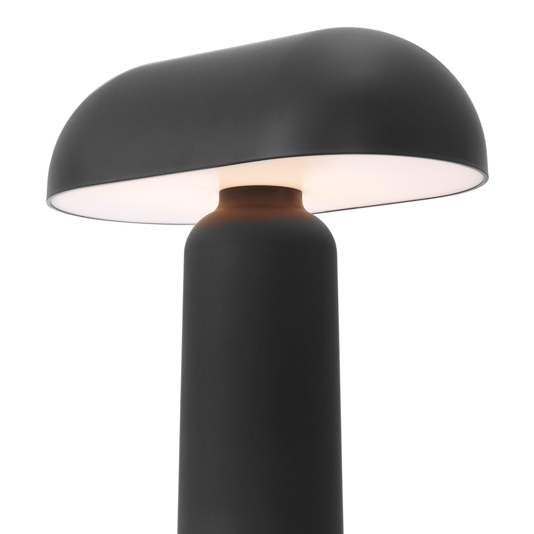 Matte black lamp with a rounded shade and warm light, featuring a sleek, modern design. Ideal for minimalist decor.