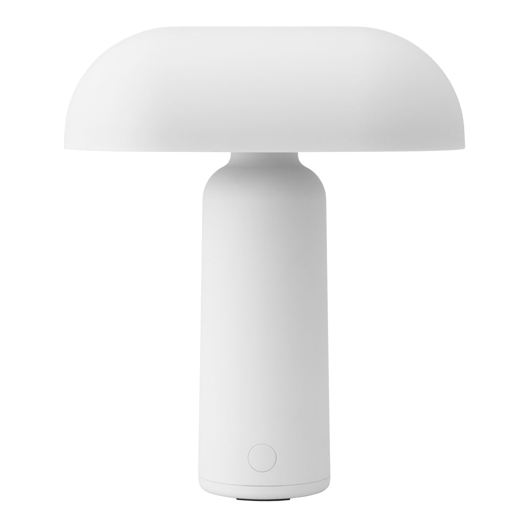 White mushroom-shaped lamp with a smooth matte finish and minimalist design. Ideal for modern decor.