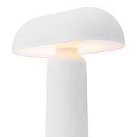White mushroom-shaped table lamp with a smooth, minimalist design and warm light glow. Perfect for modern decor.