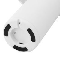 White cylindrical design with a smooth finish and black accents on the base, showcasing a modern minimalist style.