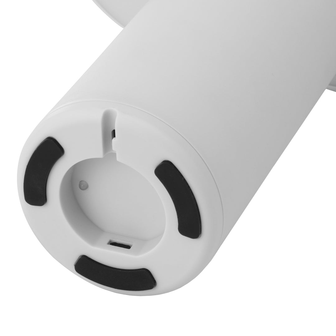 White cylindrical design with black accents; minimalist and sleek aesthetic for modern decor.
